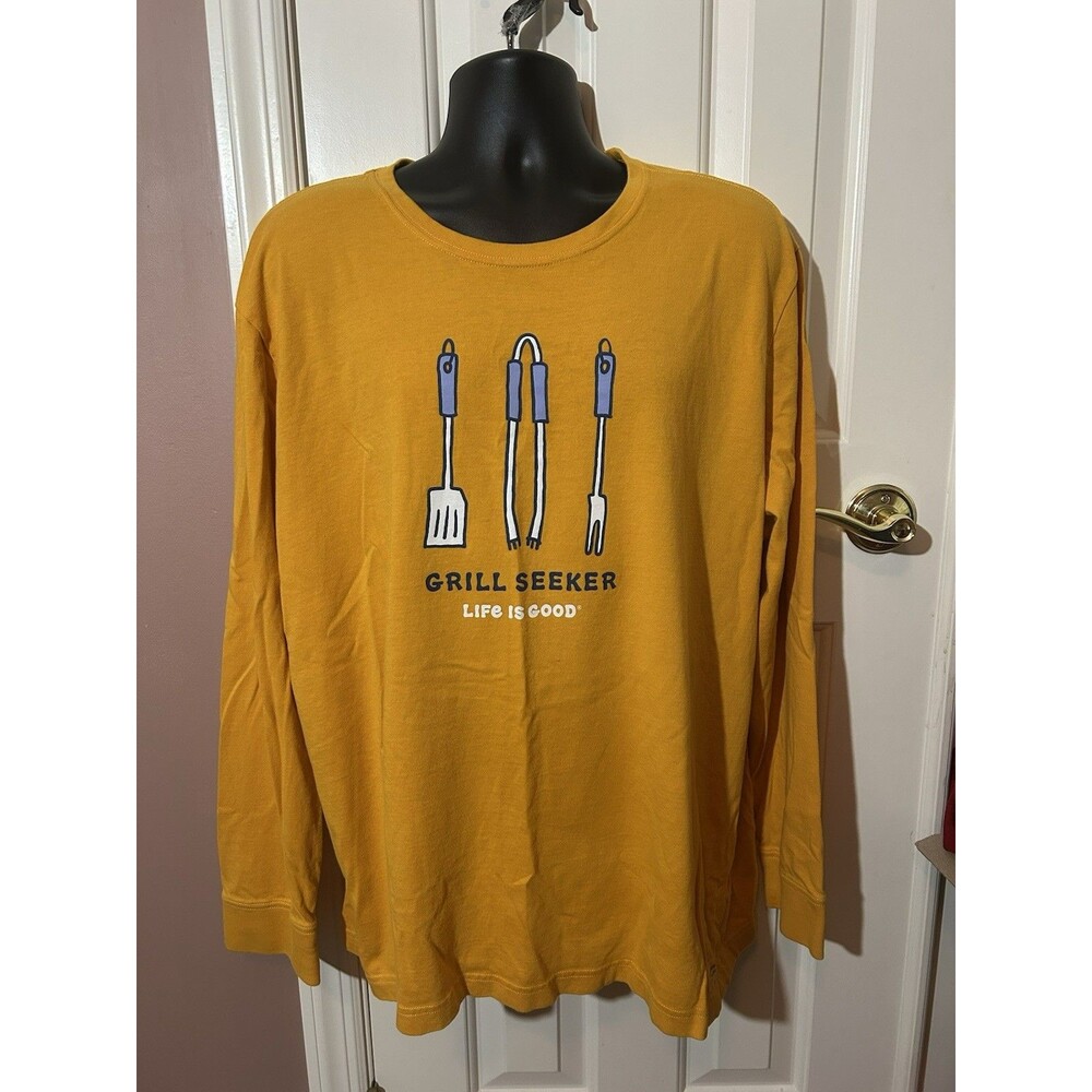 Life is Good Long Sleeve Crusher Tee Mens XXL Grill Seeker Gold